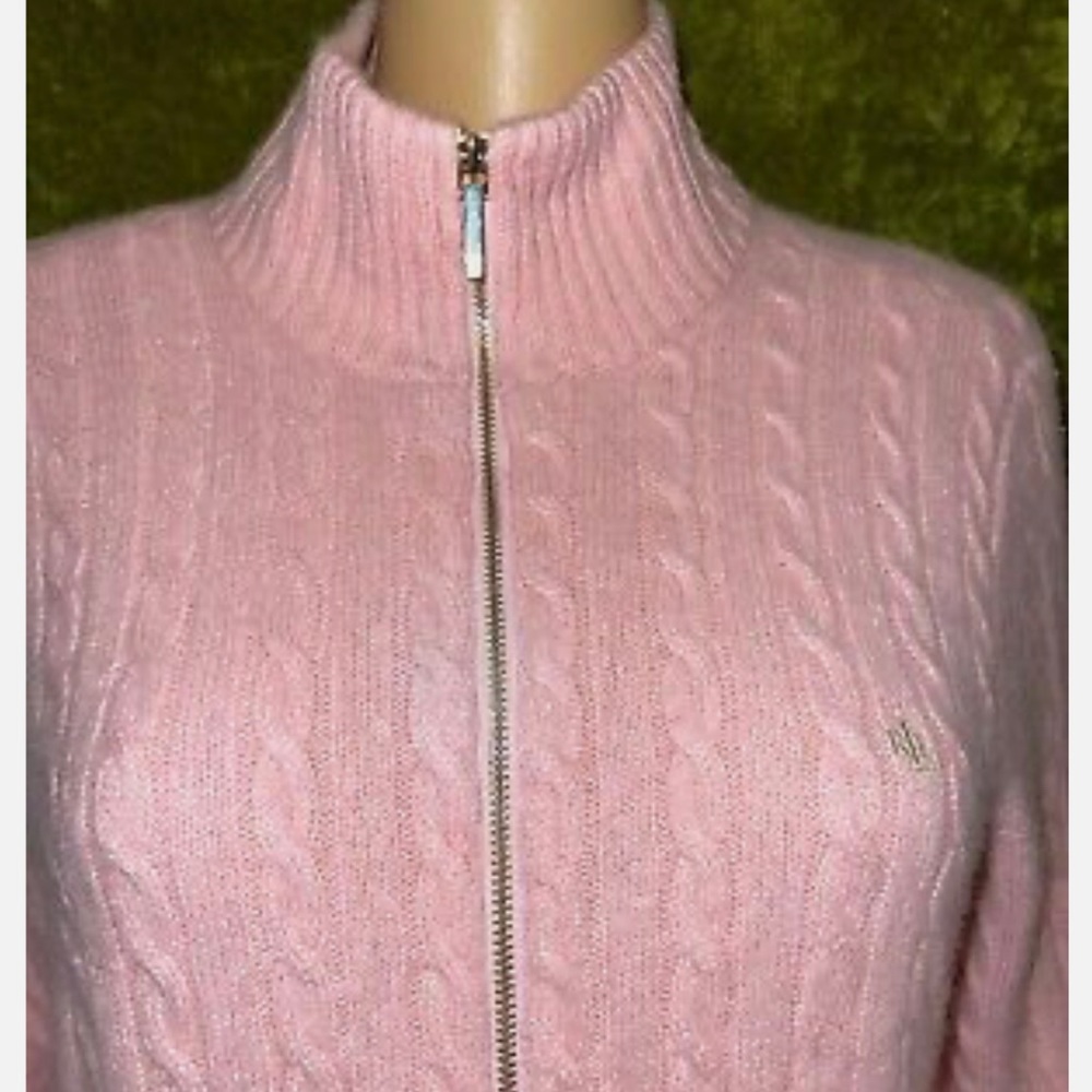 Lauren RALPH LAUREN 100% Cashmere Pink Cable Knit Zip Sweater gold monogram